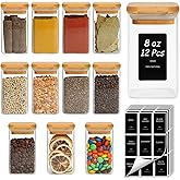 ComSaf Glass Spice Jars with Labels 8 oz 12 Pack Large Square Bamboo Lids | Borosilicate, Empty Containers, Seasoning Herbs P