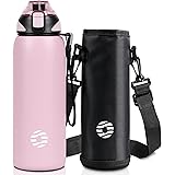 FJbottle 水筒 0.8L 真空断熱 ワンタッチ スポーツボトル 0.8リットル 保温 保冷 スポーツ飲料対応 広口 洗いやすい ステンレスボトル 水筒カバー 洗浄用スポンジ付き 女の子 男の子 おしゃれ 大人 子供 ピンク