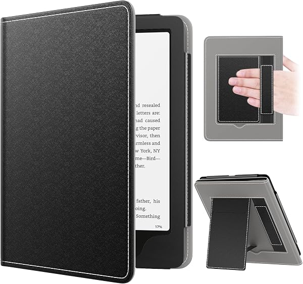 MoKo Kindle Paperwhite 2024/2021 カバー 第12/11世代 7/6.8インチ専用保護カバー Kindle Colorsoft 第1世代 2025 7インチ用全面保護ケース キンドルペーパーホワイト スタンドケース 手ホルダー付き 軽量 薄型 傷防止 手帳型 Black - 1