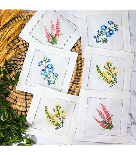Tioncy 6 Pcs Elegant Floral Cloth Napkins Linen Embroidered