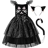 [ReliBeauty] 黒猫 コスプレ ハロウィン 仮装 子供 女の子 ネコ アニマル 猫 キャット キッズ コスチューム クリスマス パーティー 発表会 猫耳カチューシャ リボン しっぽ 鈴付き セット