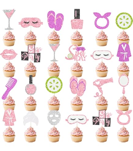 Spa Party! Cupcake Toppers - 18pcs Sweet Pink Princess Makeup Birthday Cupcake Picks - Spa Day Make Up Theme Party Decoration