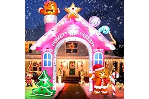 Kalolary 12FT クリスマスインフレータブルアーチ 屋外デコレーション ピンククリスマスジンジャーブレッドマンデザイン 内蔵 LED ライト付き膨らみ式庭用アーチ 屋外・庭・芝生・ガーデン装飾用品