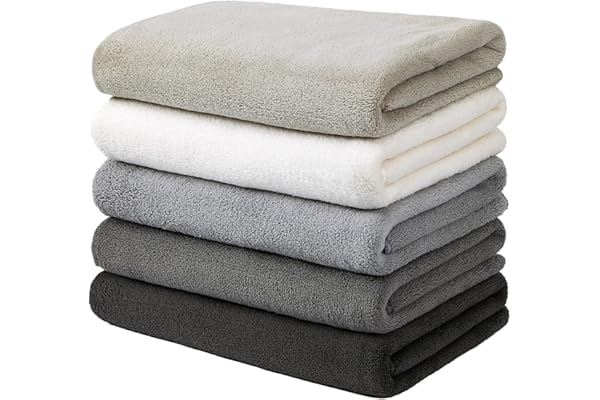 Oseamaid バスタオル 大判 5色5 枚セット マイクロファイバー タオル 吸水速乾抗菌防臭(白い グレー ライトグレー ミディアムグレー ダークグレー)