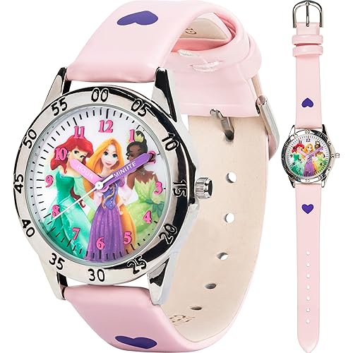 Accutime Disney Princess Girls Pink Kid's Watch Analog Toddler Watch - Time Teacher Timepiece Ariel Little Mermaid Rapunzel T