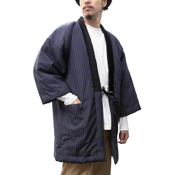 あい藍] メンズ 綿入れはんてん 更紗紋様 ネイビー (市松) あい藍
