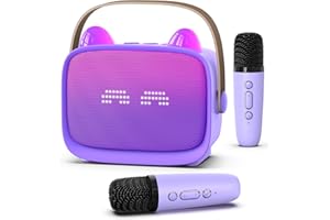 Mgaolo Upgraded Mini Karaoke Machine Toy for Kids, Portable Bluetooth Speaker with 2 Wireless Mics, Emoji & Colorful LED Lights, Home Travel & Party Play Gifts for Boys Girls (Purple)