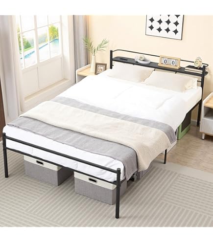 VECELO ベッドフレーム セミダブル ブラック 宮棚付き 2口コンセント付き VECELO ベッドフレーム セミダブル ブラック 宮棚付き 2口コンセント付き