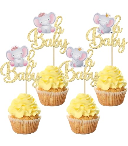 24 Stück Elefant Cupcake-Topper – Glitzer, Gold, Für Babyparty, 5,3–6,3 Cm