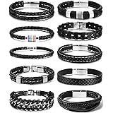 BOMAIL 10Pcs Black Leather Bracelets for Men Women Braided Leather Wristband Cuff Bracelets with Magnetic Clasp Punk Leather 