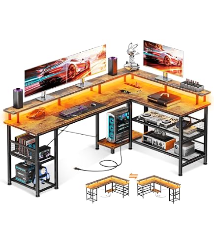 Amazon | 机、L字型デスク、リバーシブル棚付き47インチコンピューター