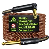 Pro Bass ギターケーブル 15フィート 金メッキ Neutrik REAN コネクター 18AWG OFC 編組 1/4インチ インストゥルメントケーブル フェンダー エレキベース ギター コンボ アンプ ランブル マーシャル ライトアングル ネオンオレンジ/ブラック