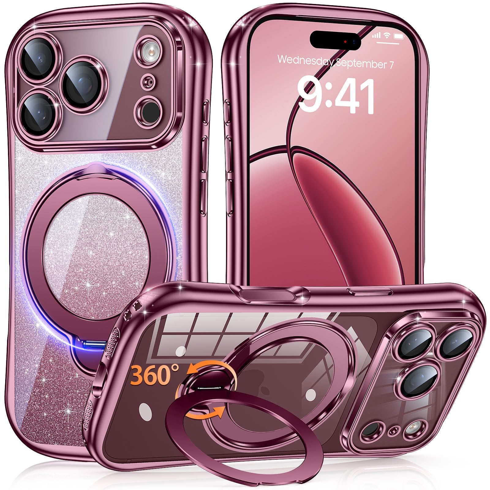 iPhone 18 Pro / 17 Pro 用 ケース MagSafe対応 360°回転スタンド ラメ入りシート付き レンズ保護【バーガンディ】 | いphone18pro / いphone17pro 用 ケース電気メッキフレーム キラキラ 美しい