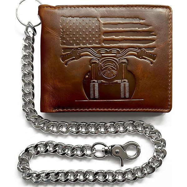RFID Blocking Men's Tri-fold Vintage Leather Biker Chain