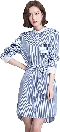 Amazon 伊恩佳美縦ストライプ 春秋 詰襟シャツワンピース ポケット付 ウエストリボン チュニック シンプル ストライプワンピース L ワンピース チュニック 通販