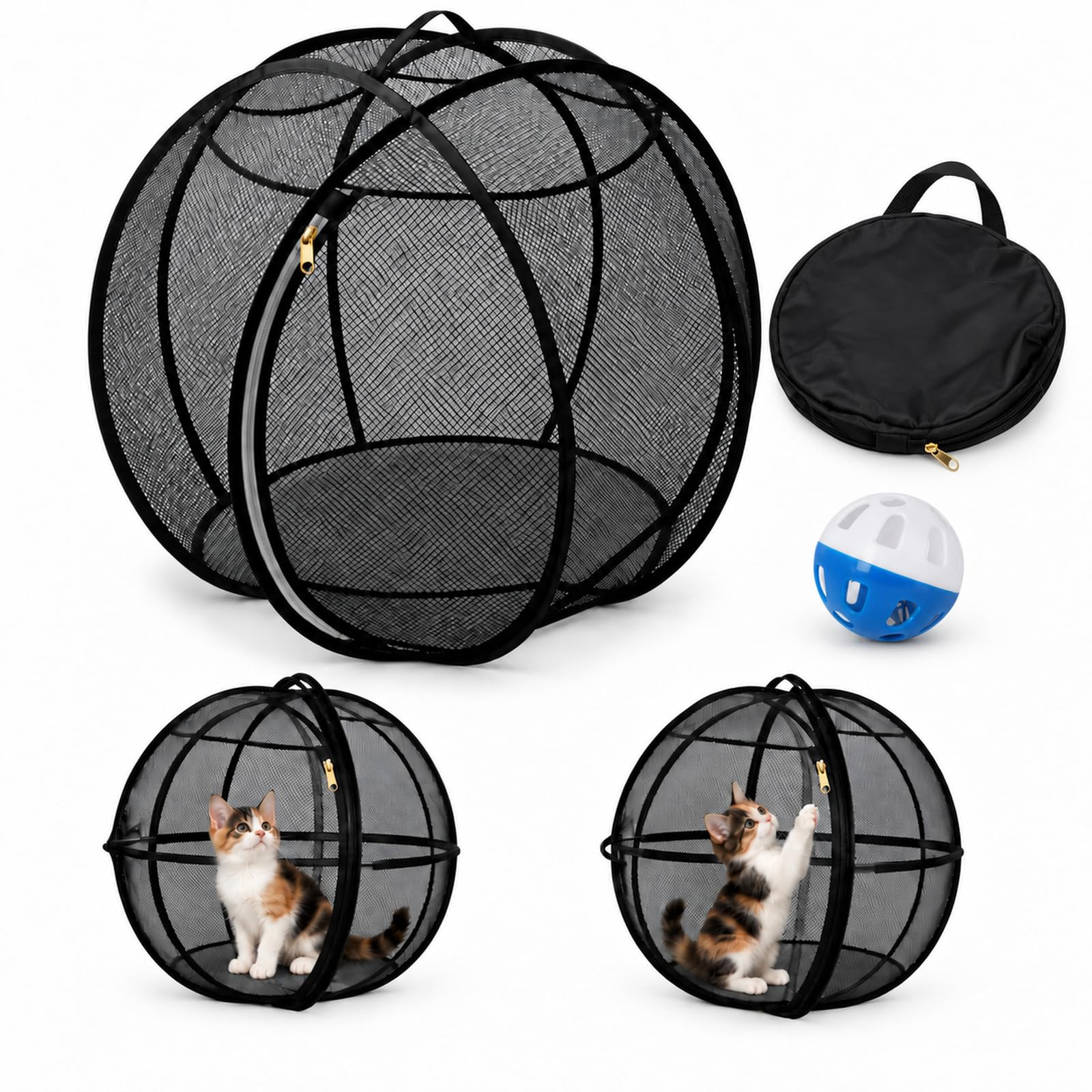 屋外用 ねこ用 ローリングボール 猫 ハムスターボール 折りたたみメッシュ付き | 360°ローリングで安全に探検:芝や庭で安心して中を走り回れる屋外用ボール。360度メッシュで外の景色を楽しみつつ脱走防止。