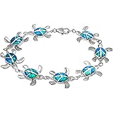Sterling Silver Turtle with Peace Sign and Simulated Blue Opal Bracelet
