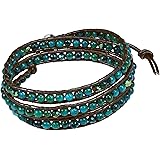 AeraVida Green Clover Round Malachite Stones Leather 3-Wrap Bracelet