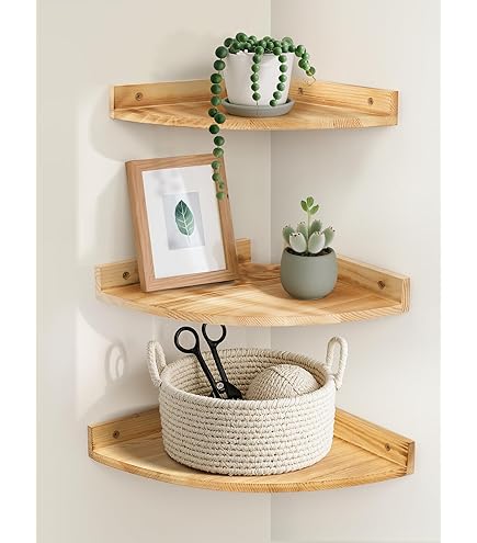 Amazon｜ウォールシェルフ 三段 木製フレーム コーナーラック 壁掛け