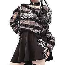 ブラック グレー ストライプ ニット フード付き パンク 地雷系 ユニセックス Amazon | [SHUMING]ニット ボーダー柄 透かし編み ボート