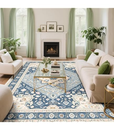 Amazon｜ペルシャ絨毯風 ペルシャ柄 ブルー 洗える ラグ