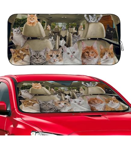 Funny Cat Car Windshield Sun Shade - Foldable 55"x30" UV Protector With Suction Cups, Cute Design