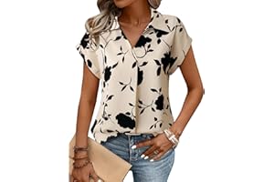 Gaharu Women's Summer Work Blouse V Neck Short Sleeve Lapel Shirt Top Tunic