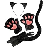 harecoro 猫耳 カチューシャ 猫 コスプレ 黒猫３点セット 尻尾 肉球手袋 ハロウィン仮装小物 (キラキラ猫耳タイプ)