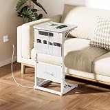 HLFURNITUREサイドテーブルコンセント付き 折りたたみ コの字型ベッドサイドテーブル幅40×奥行30×高さ70cmソファテーブル 収納ポケットビングテーブル式モダンファッションミニバインテージースタイル ソファ スリム 小型(白)