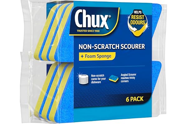 Chux Chux Non Scratch Scourer + Foam Sponge, 6 Angled Scourers Suitable for Delicate Surfaces, 6 Count