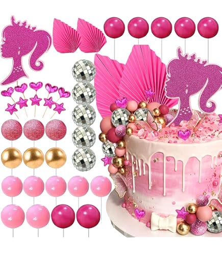 51-Piece Hot Pink Girl Cake Topper Set – Glitter Balls, Bows, Lipstick, Handbag Decor For Birthday & Party