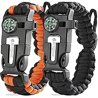 aZengear Paracord Survival Bracelet (Pair) - Compass, Flint Steel Fire Starter Ferro Rod, Mini Saw, Whistle, Adjustable Wrist