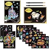 Kesote スクラッチアート 塗り絵 スクラッチペーパー はがき 20x14㎝ 8枚 削りん棒2本 子供 カラフル DIY 手作り 虹絵