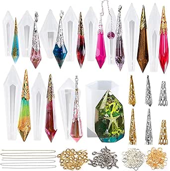 Amazon Co Jp Funshowcase ペンデュラム シリコンモールド 12個セット 2個キット付 ビーズキャップ付き 水晶 天然石 鉱石 オルゴナイト Uvレジン エポキシ樹脂 ペンダント キーチェーン ジュエリー パーツ 宝石 粘土 ホビー