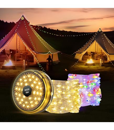 Retractable Camping String Lights 65.6FT – USB Rechargeable 2600mAh, 6 Modes, With Hook, For Tent, Garden, Patio, RV, Travel