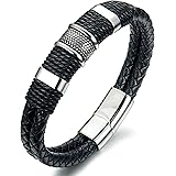 FIBO STEEL Stainless Steel Braided Leather Bracelet for Men Cuff Bracelet 7.5-8.5 inches