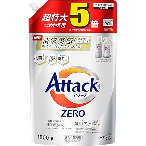 【大容量】アタック ゼロ(ZERO) 洗濯洗剤(Laundry Detergent) 詰め替え 1800g (清潔実感…