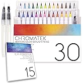 CHROMATEK 水彩ブラシペン 30本 | 15ページ チュートリアルパッド & オンラインビデオシリーズ | ブラシチップ | 鮮やかでブレンド可能なプロフェッショナルアーティスト品質 | 27色 | アクアペン3本 | 水彩画一式セット