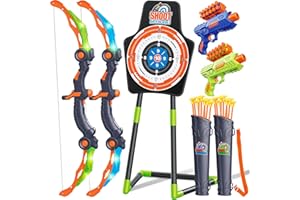 GMAOPHY 2 Pack Bow and Arrow for 5 6 7 8 9 10 11+ Year Old Boys, Birthday Kids, Indoor Outdoor Activity Toys, LED Light Up Archery Toy with 20 Suction Cup Arrows, Standing Target & 2 Quiver
