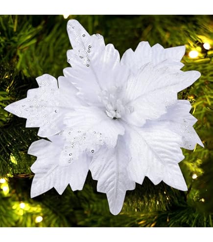 Amazon｜Sawowkuya 15個 シルバー ポインセチア 造花 グリッター