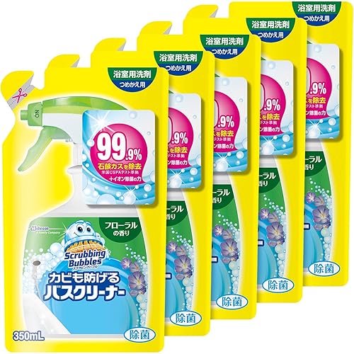 スクラビングバブル お風呂掃除 カビも防げるバスクリーナー フローラルの香り 詰め替え用 350ml×5個 お掃除手袋付き お風呂 洗剤 浴室洗剤 こすらない 汚れ防止 まとめ買い