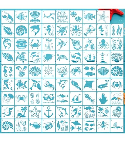 Lot 16 Pochoirs Animaux Marins Réutilisables - Modèles Peinture PET, Pour Bricolage, Déco Murale, Scrapbooking...