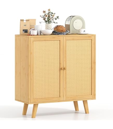 Amazon.co.jp: COSTWAY キャビネット 竹製 サイドボード ラタン 藤編み