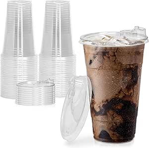 使い捨てストローレスプラスチックカップ 蓋付き 24オンス 透明プラスチックカップとシッピーカップの蓋 環境に優しい アイスコーヒー スムージー ソーダパーティードリンク カフェの必需品に 50個パック Fit Meal Prep 使い捨てドリンク Amazon