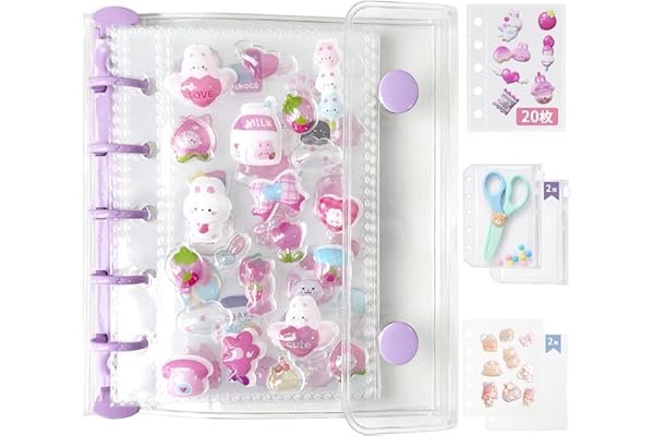 GOKEI シール帳 プラバン 透明 M5サイズ ミニ バインダー 【リフィル×20枚 チャック付きボケット×2枚 下敷き×2枚】 クリアバインダー 3層構造PPシート カードポケット シール台紙 プリ帳 カードスリーブ はがせる 女の子 コラージュノート パープル