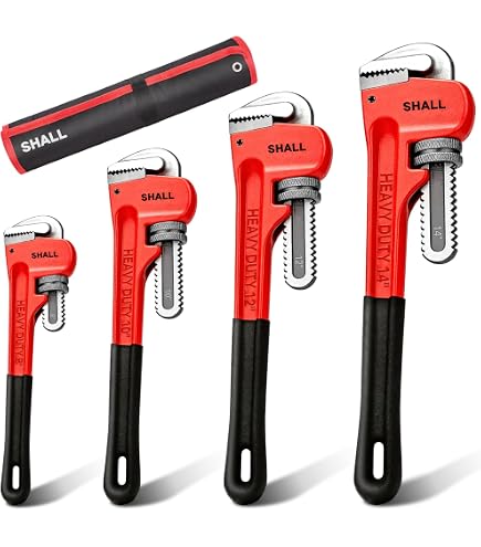 HFS 4-Pack Heavy Duty Pipe Wrench Set – 8", 10", 12", 14" Adjustable Wrenches With Soft Grip Handles & Storage Bag – Forged Steel Head, Malleable Iron Handle – Plumbing & Gas Repairs