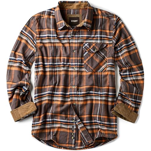 CQR Men's All Cotton Flannel Shirt, Long Sleeve Casual Button Up Plaid Shirt, Brushed Soft Outdoor Shirts