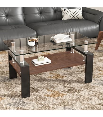 Amazon.co.jp: 強化ガラス コーヒーテーブル 幅88cm 収納付き 二段棚
