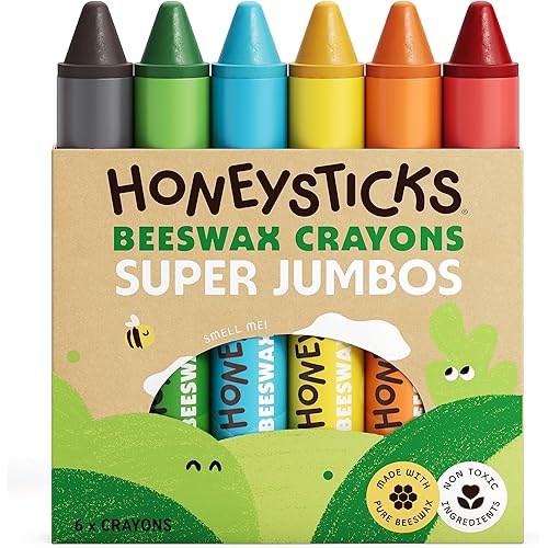 Honeysticks Super Jumbo Crayons (6 Pack) - 100% Pure Beeswax, Non Toxic Crayons for Toddlers 1-3, Extra Large Crayon Size, Ea