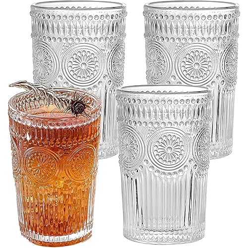 Blissora 2/4/6 Pack Vintage Ribbed Embossed Water Glasses, Glassware Tumblers, Drinking Glass Set for Juice, Beverages, Tea, 